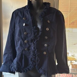 LOFT Navy Utility Jacket with Ruffle Trim
